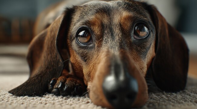 Un chien de race teckel aux grands yeux et &agrave; l'expression triste, regardant l'objectif, portrait en gros plan, la t&ecirc;te couch&eacute;e sur la moquette d'une pi&egrave;ce d'habitation.
