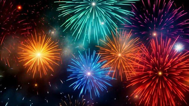 A colorful fireworks celebration for New Year's Eve or the 4th of July. A festive holiday party in the night sky. Seamless loop 4K animation. 