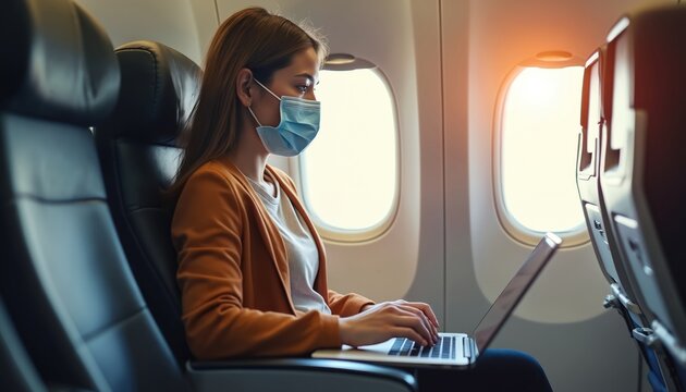 Young woman wears face mask uses laptop while flying on airplane. Safe new normal travel after covid 19 pandemic. Female passenger works on flight, enjoying journey.