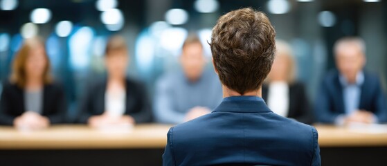 Rear View of Job Candidate Facing Interview Panel in Modern Office Setting