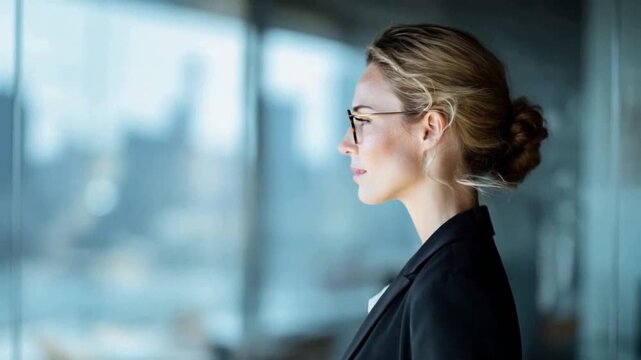 Vision of the Future: An intelligent woman with eyeglasses, impeccably dressed in a business suit, gazes thoughtfully through a window, contemplating the city.