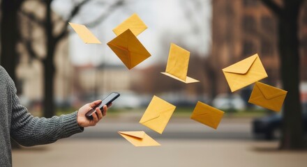 Digital Correspondence: A modern individual utilizes a smartphone to send or receive a stream of digital messages or envelopes in a blurred urban backdrop.