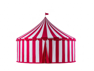 Red and white circus tent with pointed top, striped fabric, and small flag, isolated on transparency background, festive and playful atmosphere, suitable for carnival or fair event