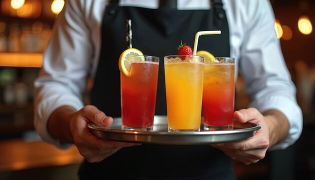 Waiter holds tray with colorful cocktails. Beverages include lemon, strawberry garnish with straw. Server works at restaurant. Catering staff offers refreshments at event party. Barman gives order on