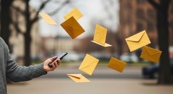 Digital Correspondence: A modern individual utilizes a smartphone to send or receive a stream of digital messages or envelopes in a blurred urban backdrop.