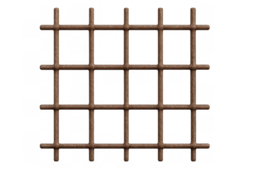 Rusty metal jail bars forming a grid structure, symbolizing confinement, isolation, and security on transparent background