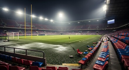 Empty Stadium After the Match with Lights On