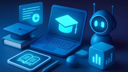 An innovative digital workspace featuring a laptop, educational elements, and a friendly robot symbolizing modern learning and technology integration. - Powered by Adobe