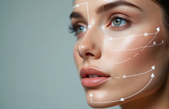 Young woman face displays virtual lines. Digital tech maps facial features for precise beauty analysis, cosmetic planning. Tech guides aesthetic treatment, dermatology, plastic surgery. Focus on skin