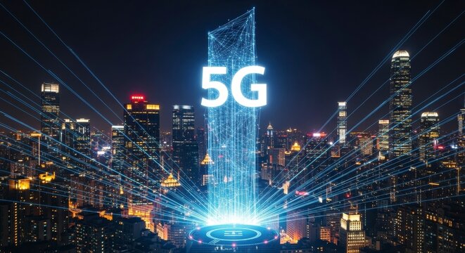 5G Technology and the Cityscape: A vibrant, futuristic vision of a cityscape interconnected by a radiant 5G network, symbolizing the cutting edge of digital communication