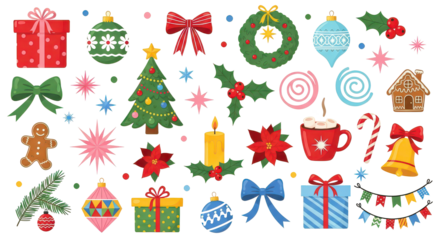 Christmas Decorations Set Ornaments, Gifts, Tree, Holly, and Festive Elements