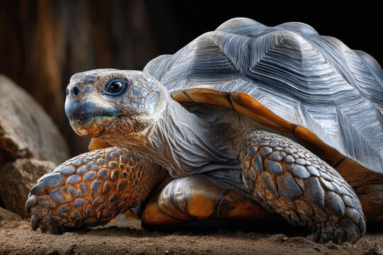 Giant tortoise resting on the ground in a natural habitat with textured shell - Powered by Adobe