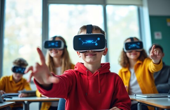 Students use virtual reality headsets for computer science lesson. Young kids explore digital world in classroom. Futuristic tech enhances learning experience for pupils at school.