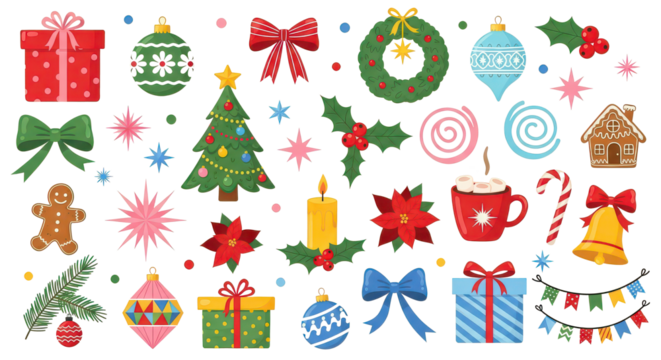 Christmas Decorations Set Ornaments, Gifts, Tree, Holly, and Festive Elements