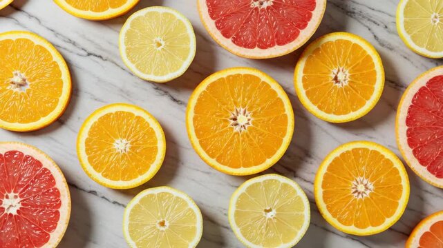 Citrus fruit slices overhead arrangement on textured surface