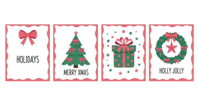 Christmas Holiday Greeting Cards, Vector Illustration, Xmas Tree, Gift Box, Wreath, Festive Decorations