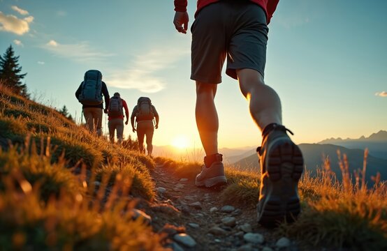 Group of hikers walks on mountain trail at sunset. Active tourists with backpacks trekking in mountains. Team climbs to peak on summer vacation. Travel adventure lifestyle concept. Exploring outdoors.