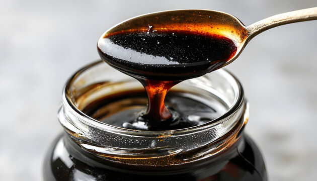 A spoonful of thick, dark syrup (molasses) being scooped from a jar