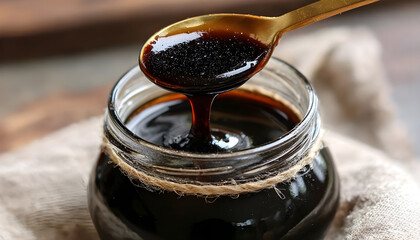 A spoonful of thick, dark syrup (molasses) being scooped from a jar