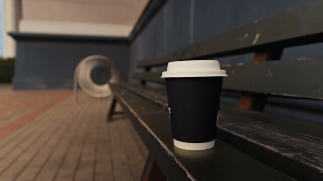 Urban bench with discarded cup, Calm urban environment featuring empty lidstained coffee mug