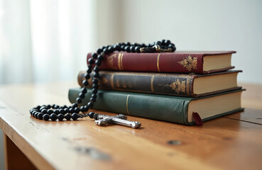 Stack of books with rosary beads and crucifix on wooden table. Books are leather bound with gold embossing. Rosary is made of black beads with metal cross.