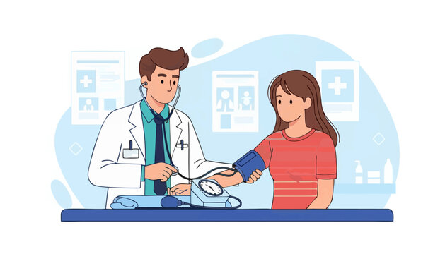 A doctor checks a patient's blood pressure using a stethoscope and cuff in a clinic setting