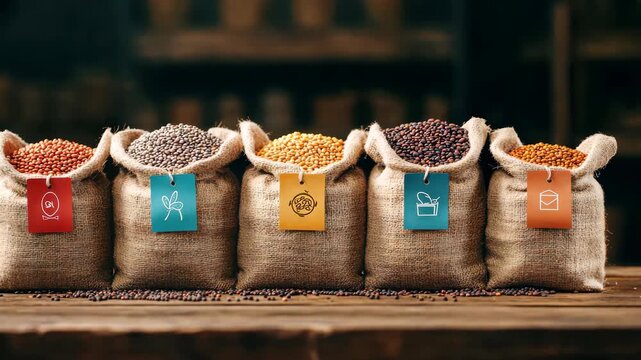 Variety of colorful grains and legumes in burlap bags with wooden background