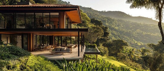 A modern glass-walled mountain house with wooden accents overlooking misty green valleys