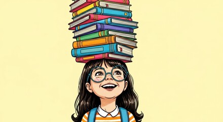 Literary Burden: A young, bespectacled girl carries a towering stack of books balanced atop her head, embodying the spirit of learning and intellectual curiosity.
