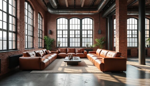 Spacious industrial loft living room with brick walls, large windows, comfy leather sofas. Modern concrete floors, exposed ceiling pipes create chic urban vibe for relaxation or social gatherings.