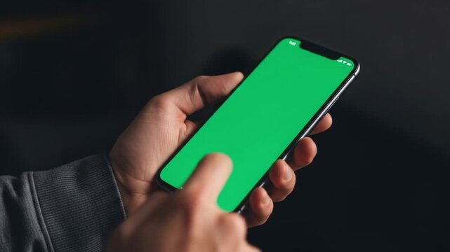 Man holding modern smartphone with customizable green screen for dynamic app promotions and interactive content creation in video footage
