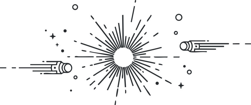 Modern vector illustration of a cosmic explosion featuring stars, comets, and radiant lines for digital design and branding projects