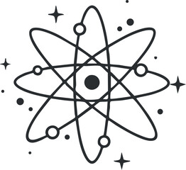 Minimalist black and white vector illustration of an atom with electrons, perfect for science and educational projects