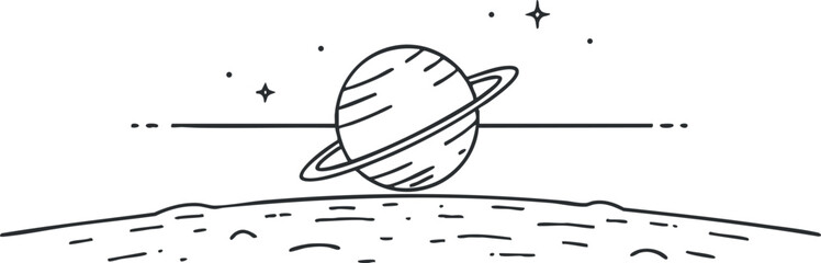 Minimalist black and white vector illustration of a planet with rings in a cosmic landscape for space-themed design projects