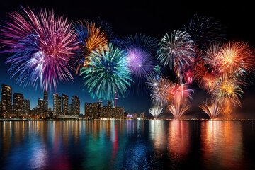 Dazzling Fireworks Light Up the Night Sky Over a City Skyline