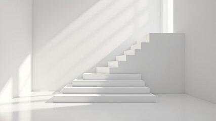 Fototapeta premium White minimalist staircase in an empty room with sunlight and shadows