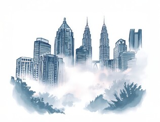 Fototapeta premium Urban skyline blending with mist in a serene illustration highlights the beauty of city life and nature