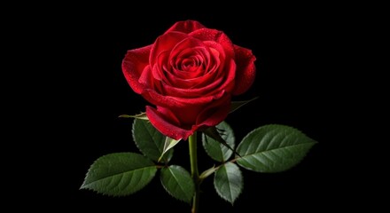 Fototapeta premium Crimson Romance: A single, radiant red rose blooms gracefully against a dark background, its velvety petals unfurling in a display of timeless beauty and romantic allure.