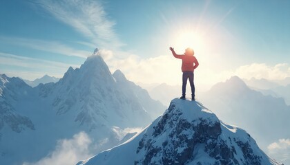 Man stands on snowy mountain peak arms raised towards bright sun. Majestic snowy mountains surround him. He reached summit after long hike. Represents success and ambition.