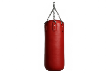 Red punching bag hanging, isolated on transparent background, representing fitness, combat sport, and gym training equipment