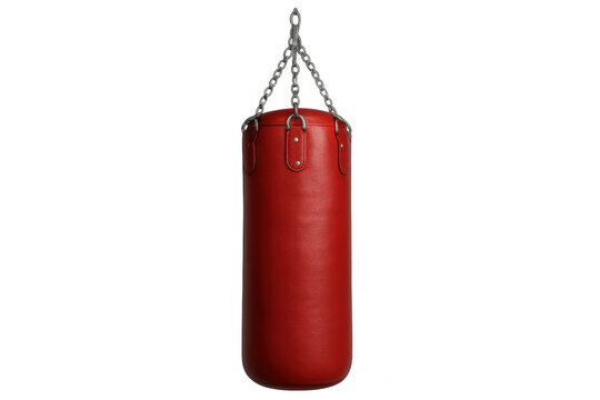 Red punching bag hanging, isolated on transparent background, representing fitness, combat sport, and gym training equipment - Powered by Adobe