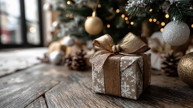 Festive gift box with bow under christmas tree with baubles and pinecones