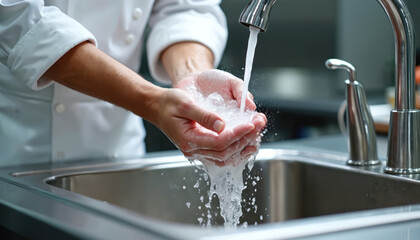 Chef washes hands with soap under running water in a commercial kitchen sink. Cleanliness and hygiene protocols are followed. Stainless steel equipment is visible. The chef wears a white uniform.