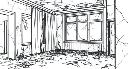 Detailed line art illustration of a dilapidated interior space showcasing broken walls and overgrown elements.