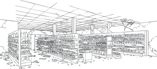 Obraz premium Detailed outline vector illustration of an abandoned store interior with empty shelves and scattered items, ideal for design concepts.