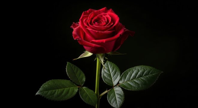 Crimson Rose's Elegance: A solitary, vibrant red rose blooms against a dramatic backdrop, revealing its delicate petals and natural beauty.