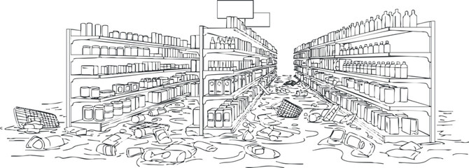 Fototapeta premium Outline vector illustration of a chaotic supermarket aisle filled with discarded items and clutter, suitable for environmental awareness projects