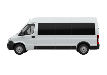 White passenger van side view isolated on a transparent background