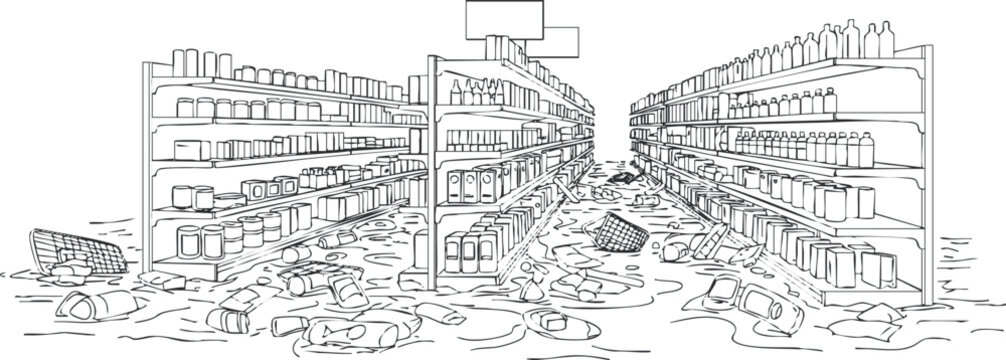 Outline vector illustration of a chaotic supermarket aisle filled with discarded items and clutter, suitable for environmental awareness projects