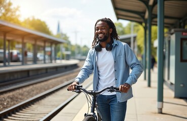 Young african american man smiles holding bicycle handlebars at train station. He waits for transport, wears headphones, casual clothes. Eco friendly commute, urban mobility lifestyle.